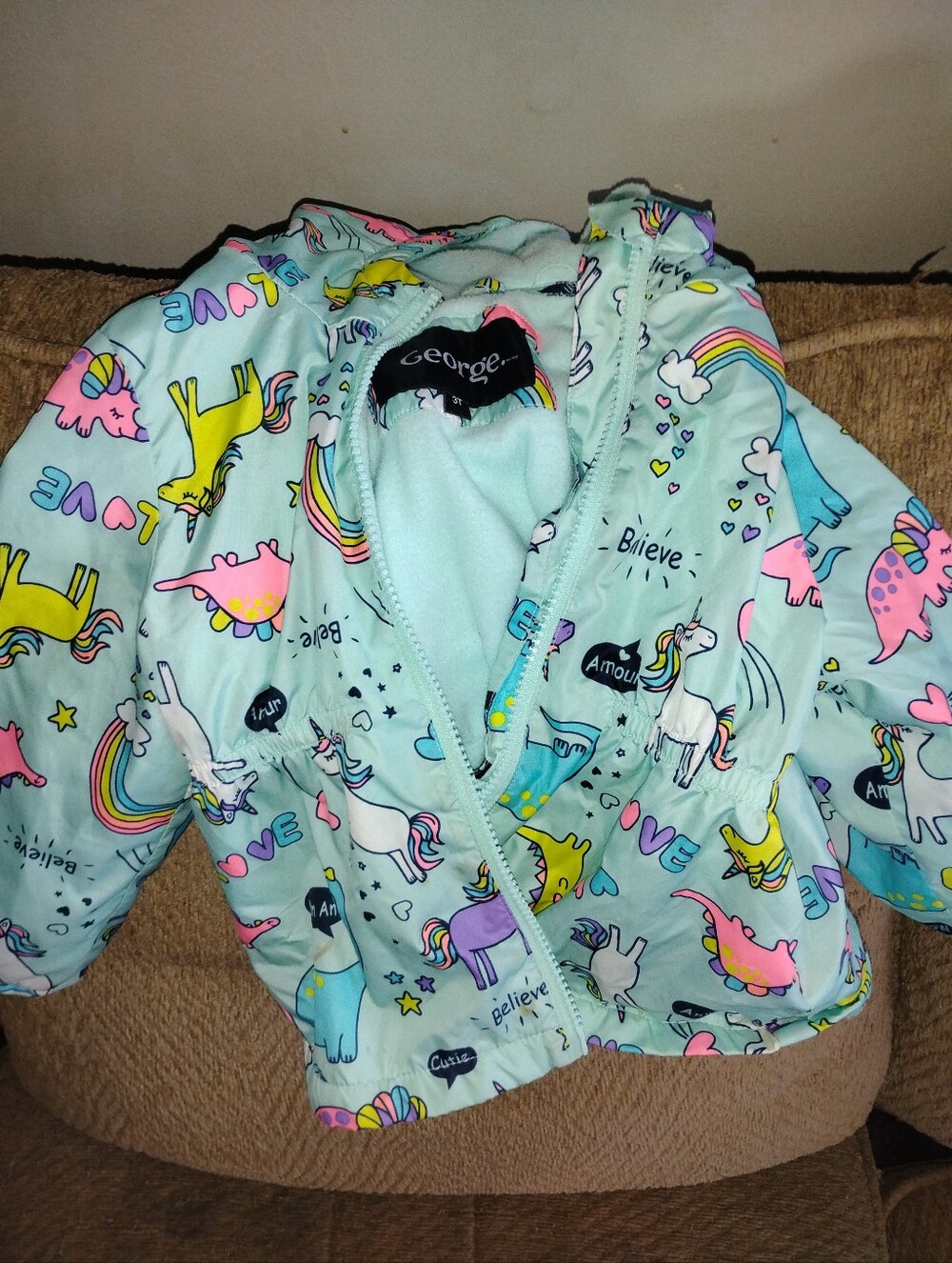 Toddler Girls' Mint Unicorn Print Rain Jacket with Rainbow Accents